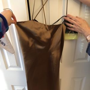 Sleek metallic gold David Meister cocktail dress